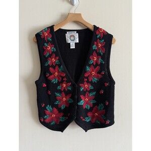 Vintage‎ Sweater Vest Hand Embroidered Christopher & Banks Christmas Floral M